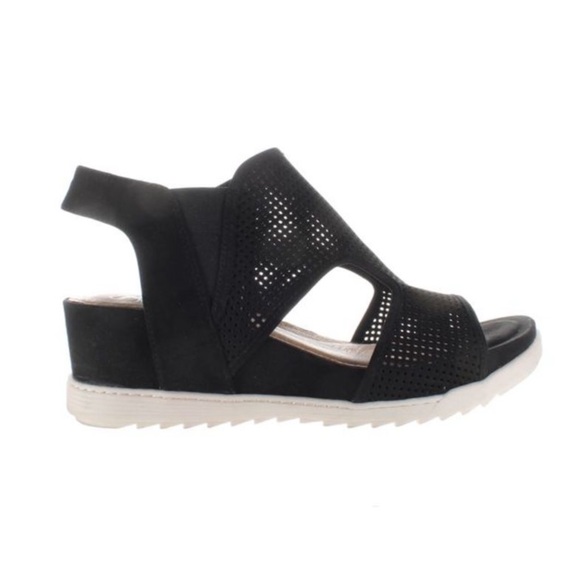 Sofft Black Shandi Leather Perforated Zip Slingback Wedge Sandals - Picture 1 of 11